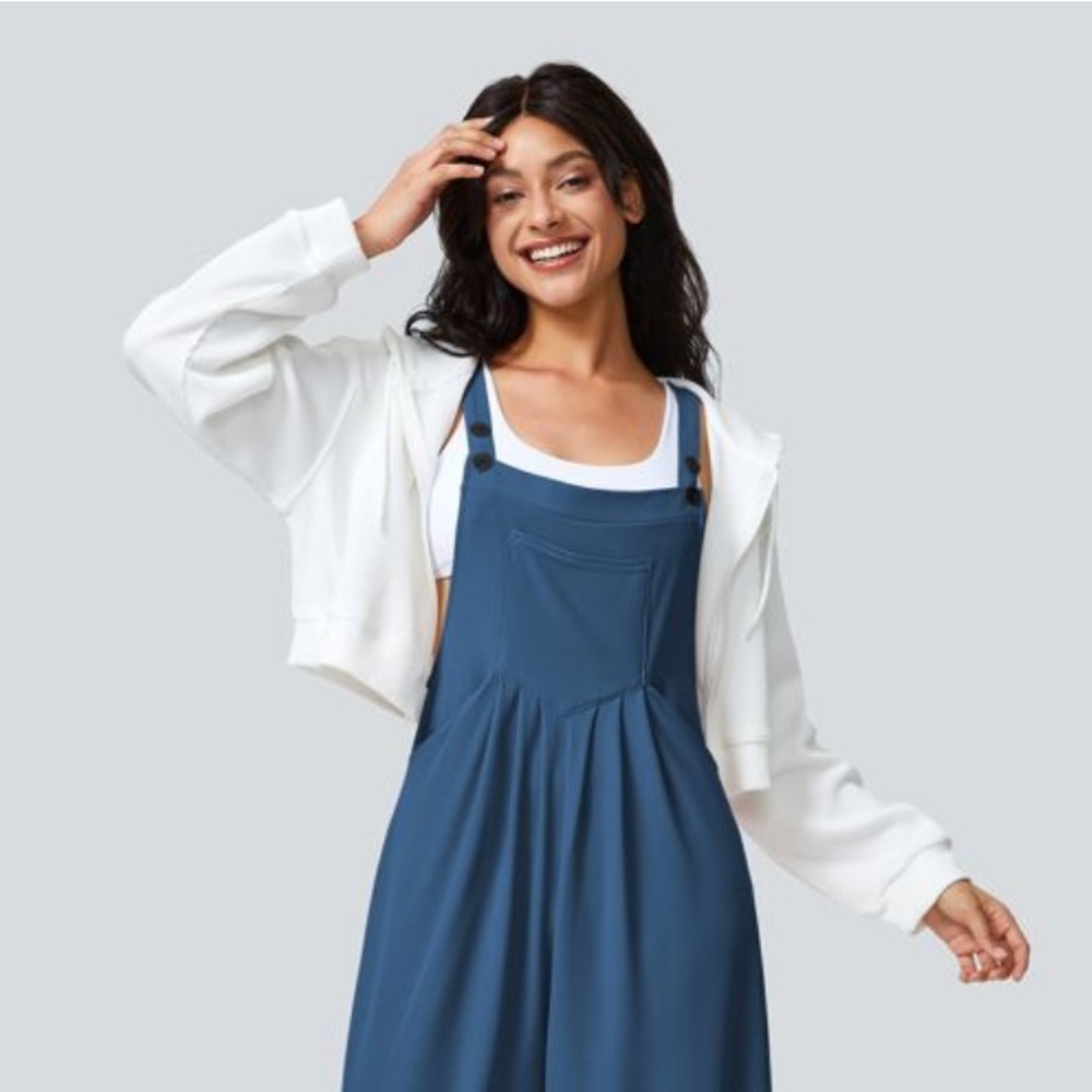 HALARA Waffle Jumpsuit Coveralls Stylish Blue Wide-Legs Multiple Pockets Casual - Picture 12 of 16